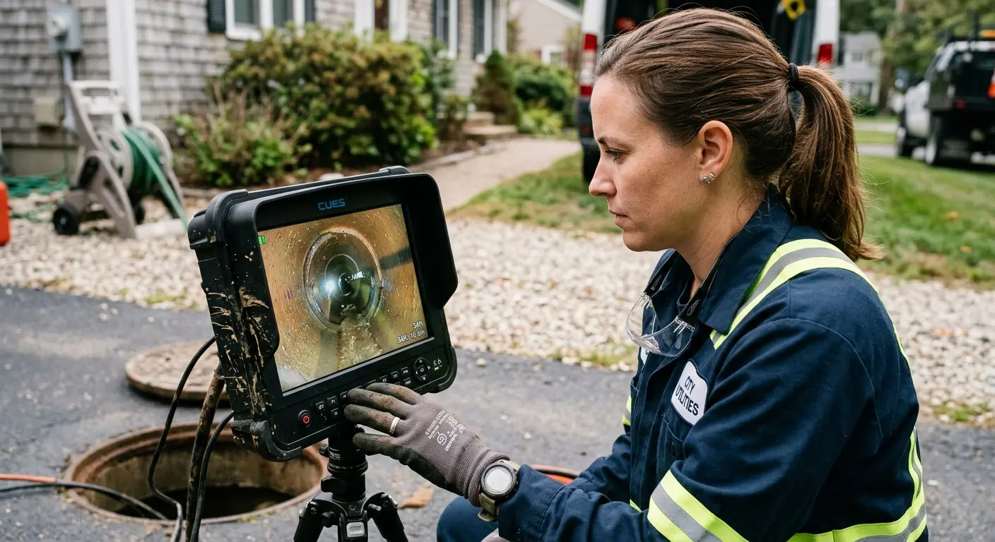 Technician reviewing sewer camera inspection footage in Wellington