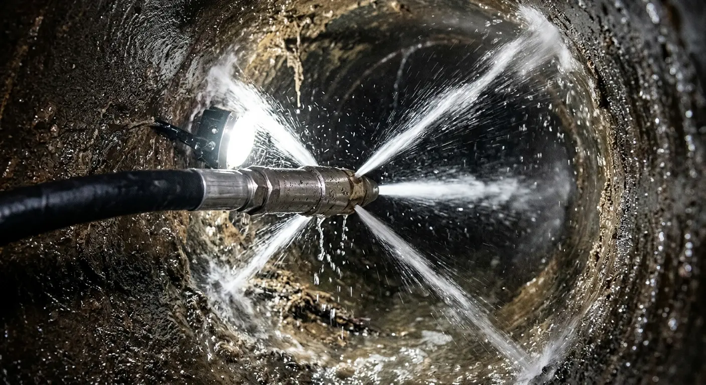 High-pressure hydro jetting nozzle cleaning sewer pipe for Trenchless Sewer Repair in Wellington