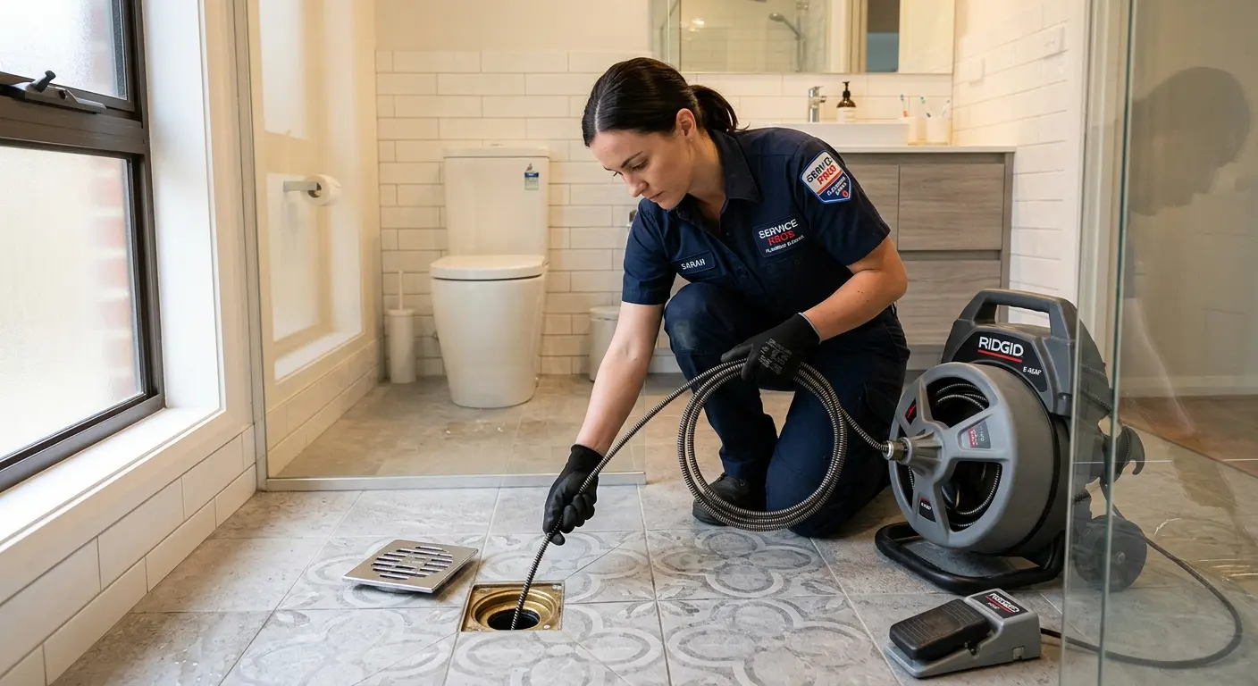 Technician clearing a bathroom floor drain for Clogged Drain Repair in Wellington